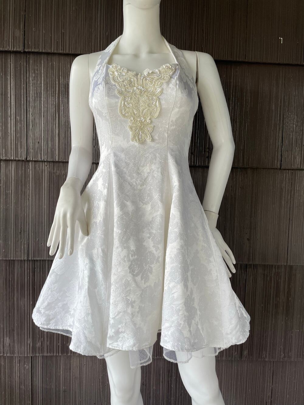 🔥 Y2K White Jacquard Pearl Sequin Applique Fit & Flare Dress Coquette Princess